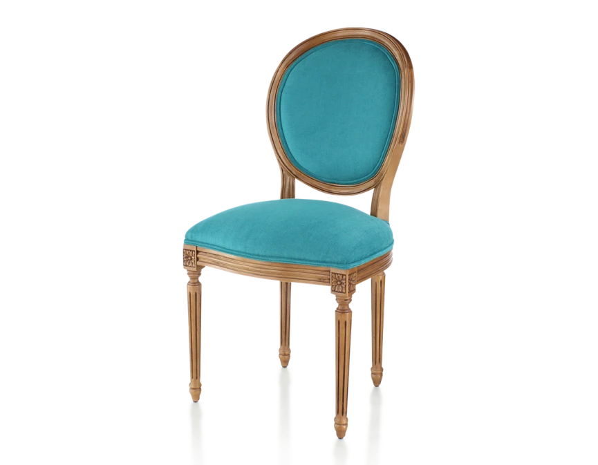 Chaise ancienne style Louis XVI bois teinte ancienne et tissu bleu turquoise