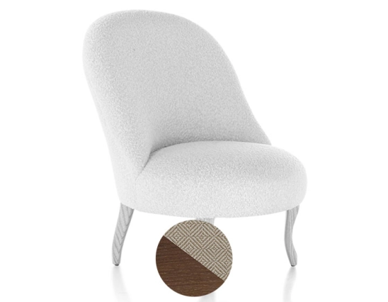 Armless toad chair walnut-stained wooden legs and beige chevron fabric