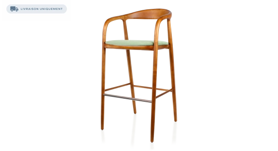 Tabouret de bar h80 cm teinte merisier assise tissu vert bois teinte merisier et tissu vert