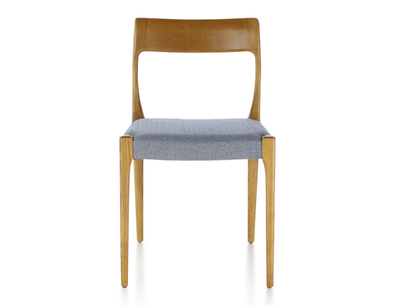 Scandinavian chair cherry-stained wood, blue chevron fabric seat
