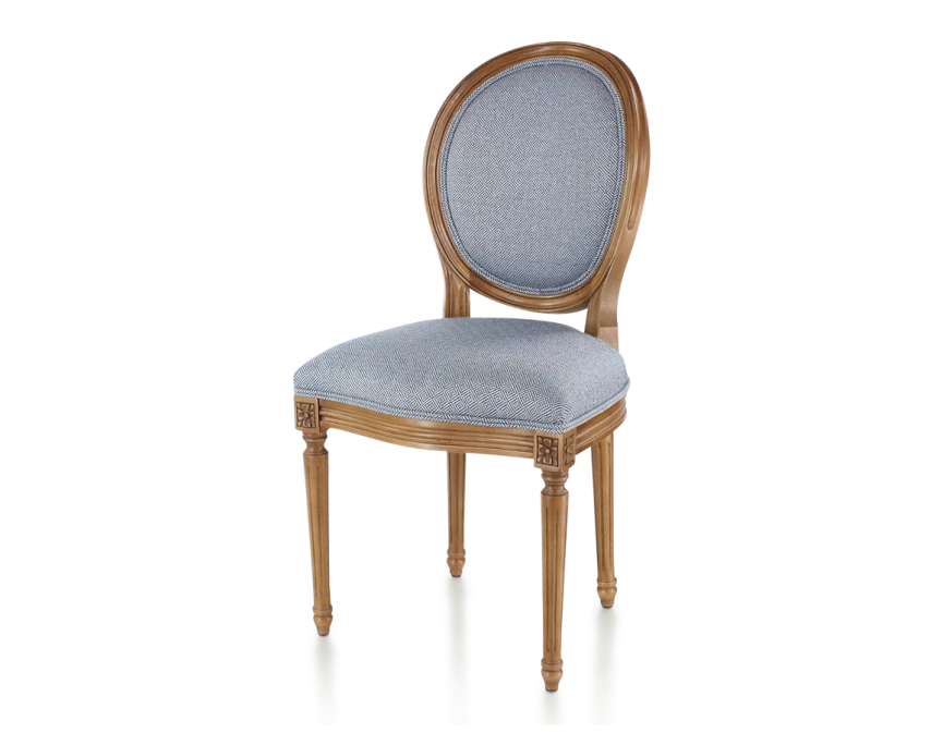 Chaise ancienne style Louis XVI bois teinte ancienne et tissu chevron bleu