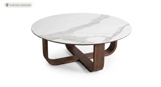 Round coffee table in oak and ceramic dark brown stained wood with a white marble-effect ceramic tabletop. 100x100 cm