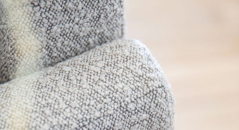 Canapé d'angle 5 places tissu bouclé taupe clair (2G - A - 2D) Canapé d'angle 5 places tissu bouclé taupe clair (2G - A - 2D)