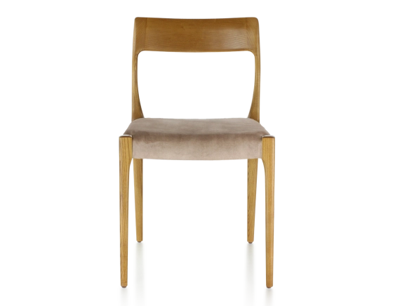 Chaise scandinave bois teinte merisier assise tissu velours taupe clair