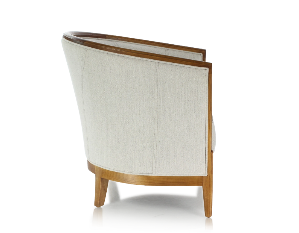 Fauteuil ancien accoudoirs moulurés bois teinte ancienne et tissu beige naturel