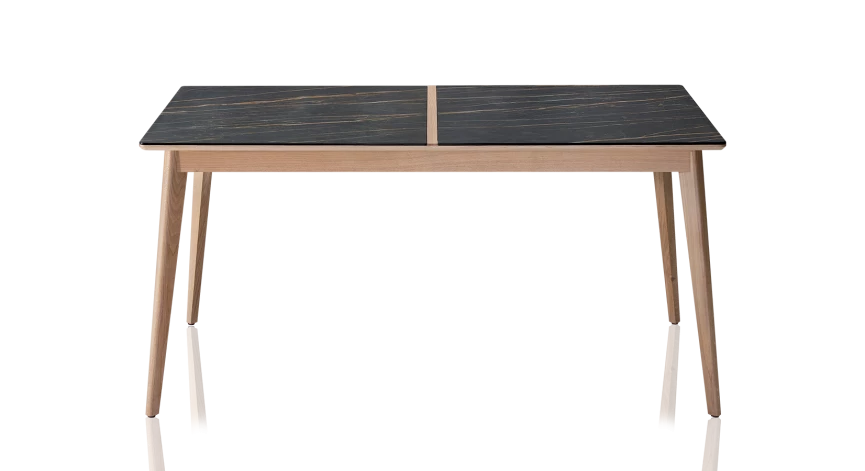 Table salle à manger en chêne et céramique avec bois teinte naturelle et plateau céramique effet marbre noir 140x100 cm