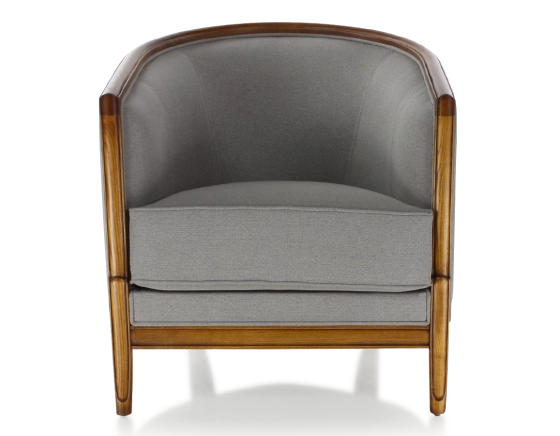 Fauteuil ancien accoudoirs moulurés bois teinte ancienne et tissu gris clair