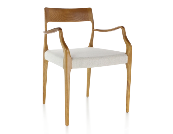 Chaise scandinave avec accoudoirs bois teinte merisier assise tissu beige naturel