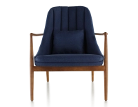 Fauteuil scandinave bois teinte merisier et tissu bleu marine Fauteuil scandinave bois teinte merisier et tissu bleu marine
