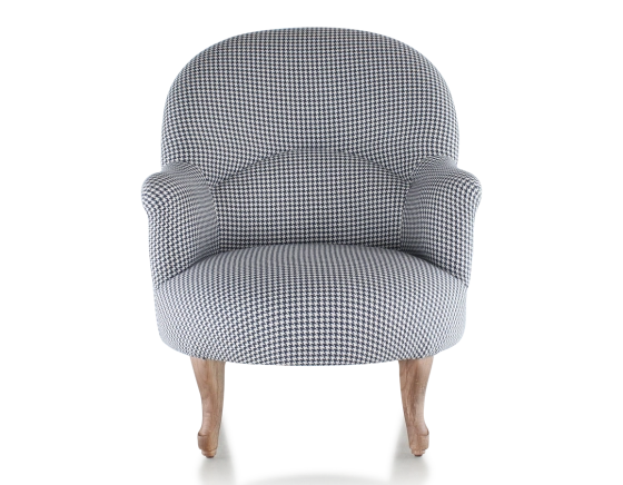 Fauteuil crapaud avec accoudoirs pieds bois teinte noyer et tissu pied-de-poule bleu et blanc