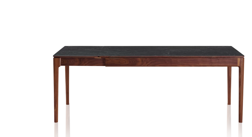 Table extensible en noyer et céramique allonges céramique avec bois teinte naturelle et plateau et allonges céramique effet ardoise 140x100 cm