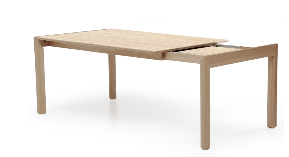 Extending table for 8 to 12 people in oak and ceramic with ceramic extensions natural wood finish and ceramic travertine stone effect 180x100 cm Extending table for 8 to 12 people in oak and ceramic with ceramic extensions natural wood finish and ceramic travertine stone effect 180x100 cm