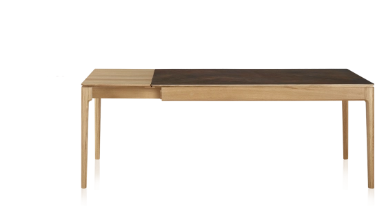 Extendable table for 8 to 10 people in oak and ceramic with wooden extensions with natural stained wood and oxidised brown ceramic top 180x90 cm