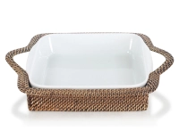 Plat porcelaine carré avec support en fleur de rotin petit modèle Plat porcelaine carré avec support en fleur de rotin petit modèle