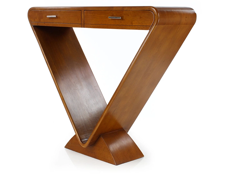 Console art déco double tiroirs bois teinte merisier Console art déco double tiroirs bois teinte merisier