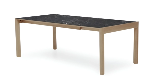 Extending table for 8 to 14 people in oak and ceramic with ceramic extensions natural wood finish and grey marble-effect ceramic 210x100 cm