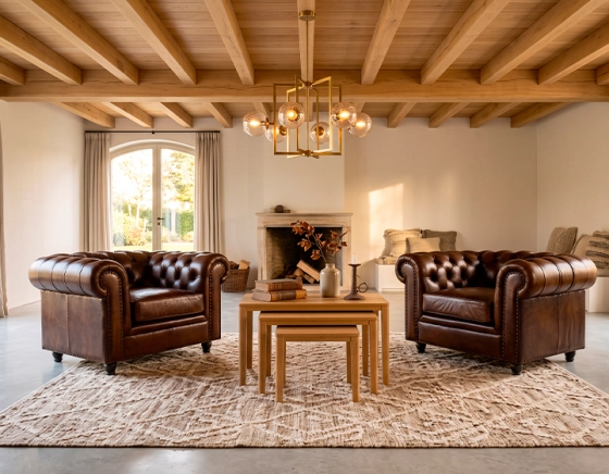 Fauteuil chesterfield cuir marron soutenu accoudoirs cloutés