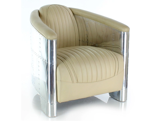 Fauteuil aviateur aluminium riveté et cuir beige