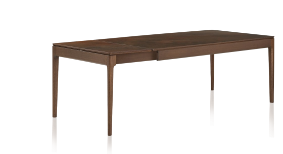 Table extensible 8 à 12 personnes en chêne et céramique allonges céramique avec bois teinte marron foncé et plateau et allonges céramique brun oxydé 160x100 cm