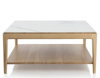 Square coffee table in oak and ceramic with shelf in natural stained wood, white marble effect ceramic top 100x100 cm Square coffee table in oak and ceramic with shelf in natural stained wood, white marble effect ceramic top 100x100 cm