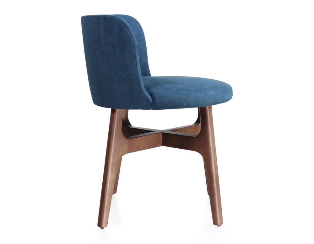 Designer chair walnut-stained wood, denim-blue fabric seat Designer chair walnut-stained wood, denim-blue fabric seat