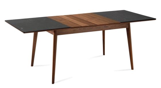 Extending table for 8 to 14 people in walnut and ceramic with wooden extensions with natural stained wood and oxidised brown ceramic top 210x100 cm
