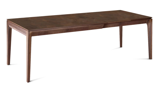 Table extensible en noyer et céramique allonges céramique avec bois teinte naturelle et plateau et allonges céramique brun oxydé 140x90 cm
