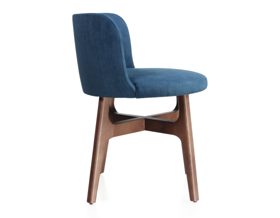 Designer chair walnut-stained wood, denim-blue fabric seat
