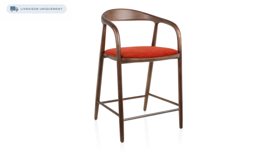 Tabouret de bar H60 cm bois teinte marron foncé et tissu orange brulé