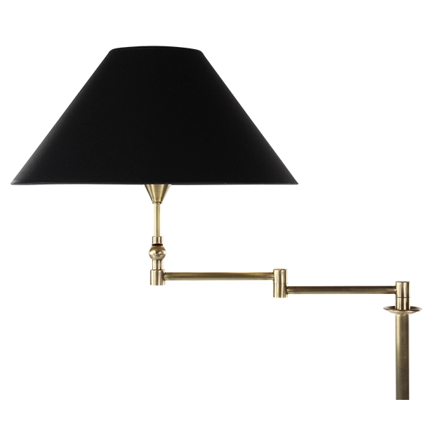 Gold articulated living room floor lamp with black lampshade and gold interior Gold articulated living room floor lamp with black lampshade and gold interior