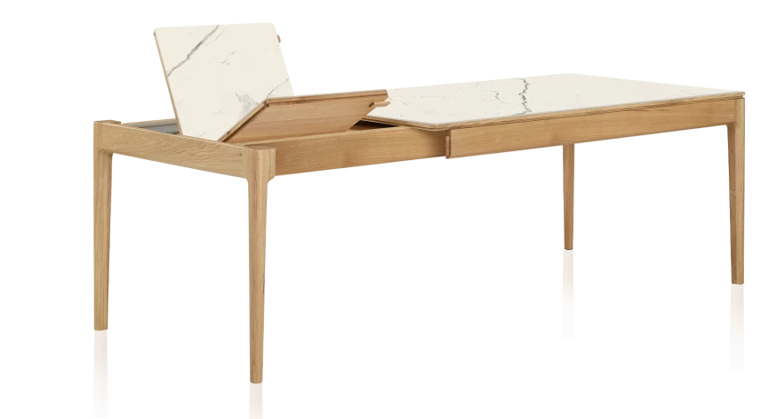 Table extensible en chêne et céramique 6 à 10 personnes allonges céramique avec bois teinte naturelle et plateau et allonges céramique effet marbre blanc 140x90 cm