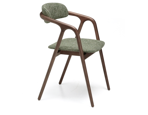 Scandinavian chair dark brown stained wood with a green mottled fabric seat.