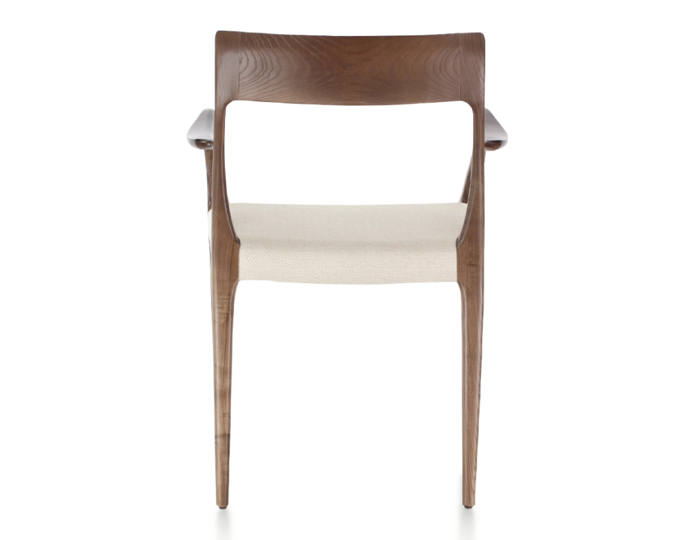 Chaise scandinave avec accoudoirs bois teinte marron foncé assise tissu chevron beige Chaise scandinave avec accoudoirs bois teinte marron foncé assise tissu chevron beige