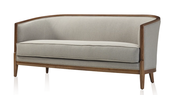 Canapé ancien 3 places bois teinte noyer et tissu gris clair