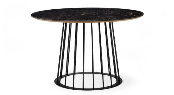 Round dining table in oak and ceramic. black metal base and black marble-effect ceramic top m2 120x120