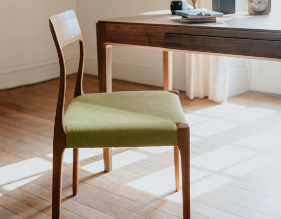 Scandinavian chair cherry-stained wood, apple green fabric seat