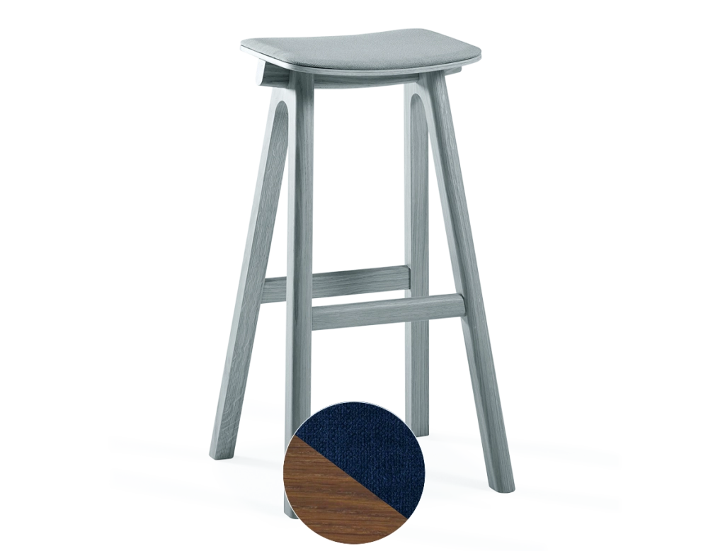 Tabouret de bar en chêne tapissé H80 cm bois teinte noyer assise tissu bleu marine Tabouret de bar en chêne tapissé H80 cm bois teinte noyer assise tissu bleu marine