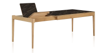 Extendable table for 8 to 12 people in oak and ceramic with ceramic extensions with natural stained wood and black marble effect ceramic top and extensions 160x100 cm