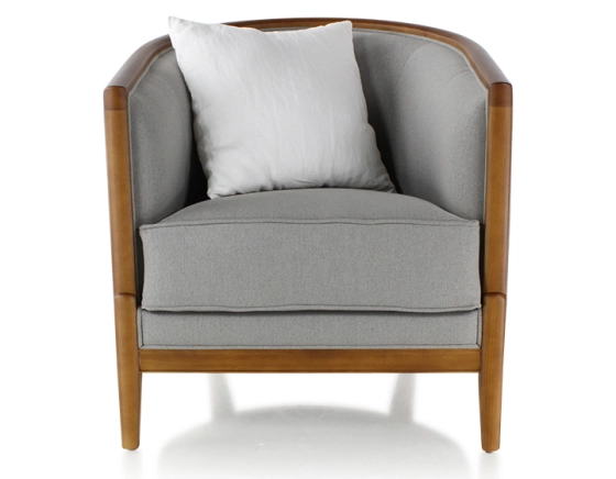 Fauteuil ancien bois teinte merisier et tissu gris clair