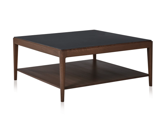 Square coffee table in oak and ceramic with shelf in dark brown stained wood, oxidised brown ceramic top 100x100 cm