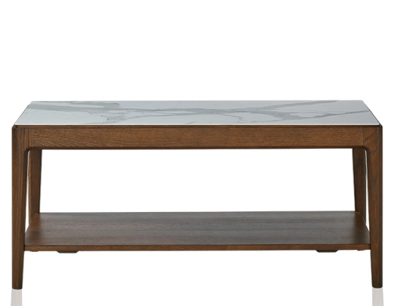 Table basse rectangulaire en chêne et céramique avec tablette en bois teinte marron foncé plateau céramique effet marbre blanc 100x50 cm