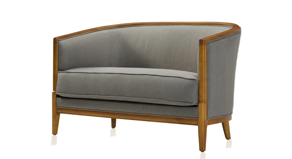 Canapé vintage 2 places bois teinte meriser et tissu gris clair