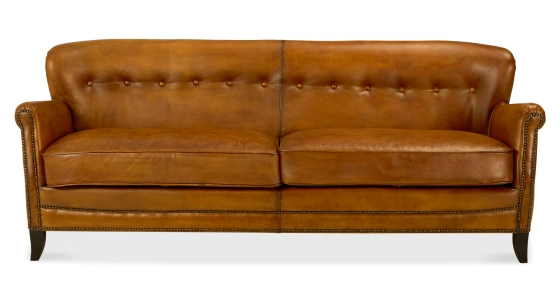 Canapé club cuir 3 places cognac accoudoirs cloutés