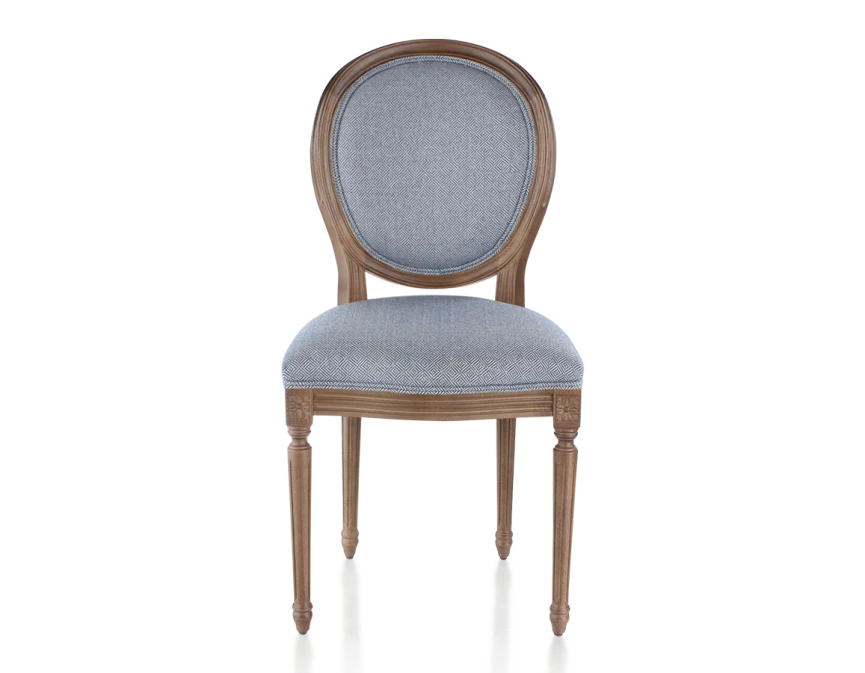 Chaise ancienne style Louis XVI bois teinte marron foncé et tissu chevron bleu