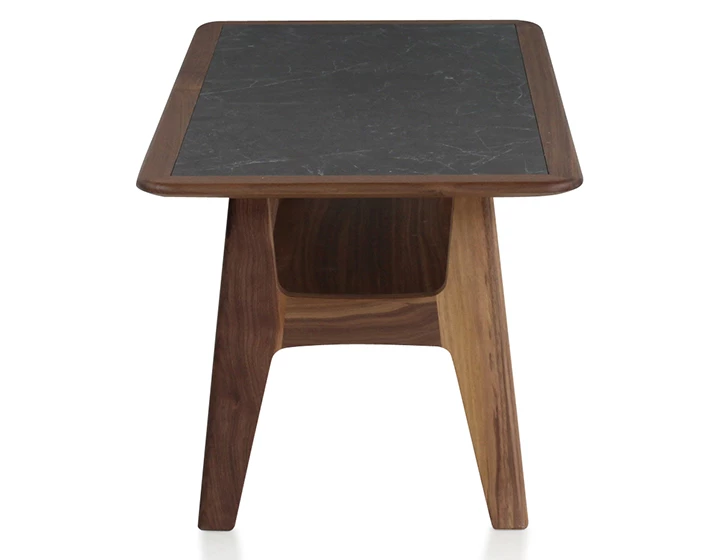 Table basse rectangulaire en noyer et céramique bois teinte naturelle plateau céramique effet ardoise 100x50 cm