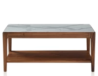 Table basse rectangulaire en noyer et céramique avec tablette en bois teinte naturelle plateau céramique effet marbre blanc 100x50 cm