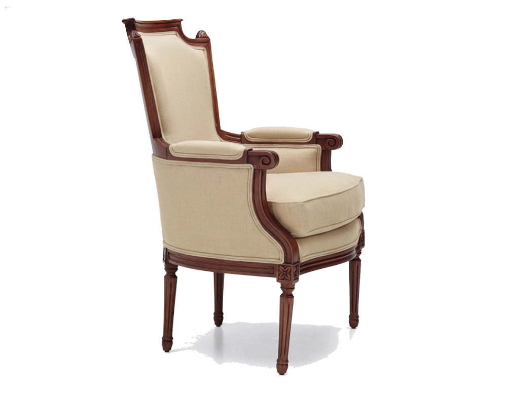 Fauteuil bergère style Louis XVI bois teinte ancienne et tissu crème