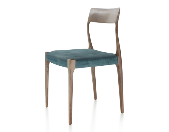 Scandinavian chair dark brown stained wood, petrol blue velvet seat