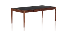 Table extensible en noyer et céramique 6 à 10 personnes allonges céramique avec bois teinte naturelle et plateau et allonges céramique noire unie 140x90 cm