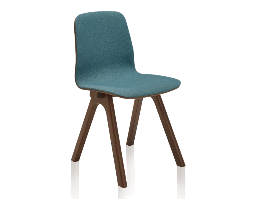 Chaise design en chêne tapissé bois teinte marron foncé assise tissu bleu océan